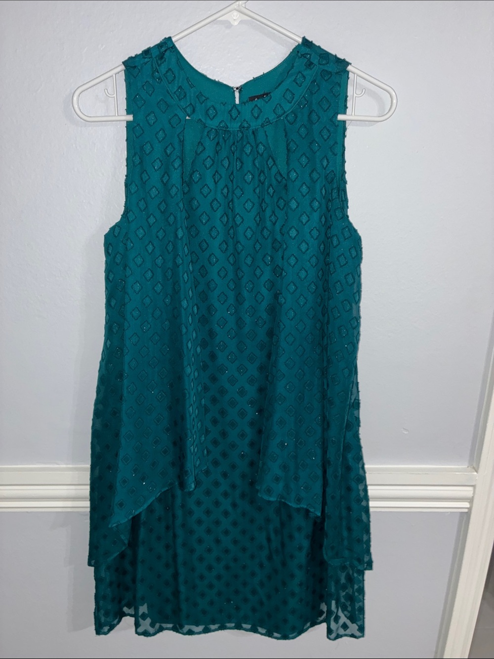 Leslie Fay Teal Keyhole Mock Neck Dress w/ Front Overlay Panel – Size 6
